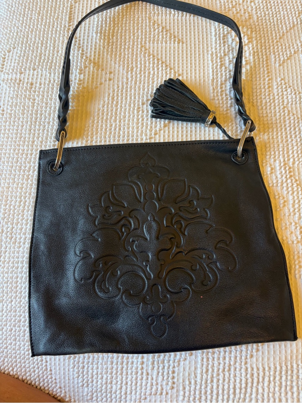 Brighton “Piper” Black Embossed Leather Shoulder Bag with Tassel